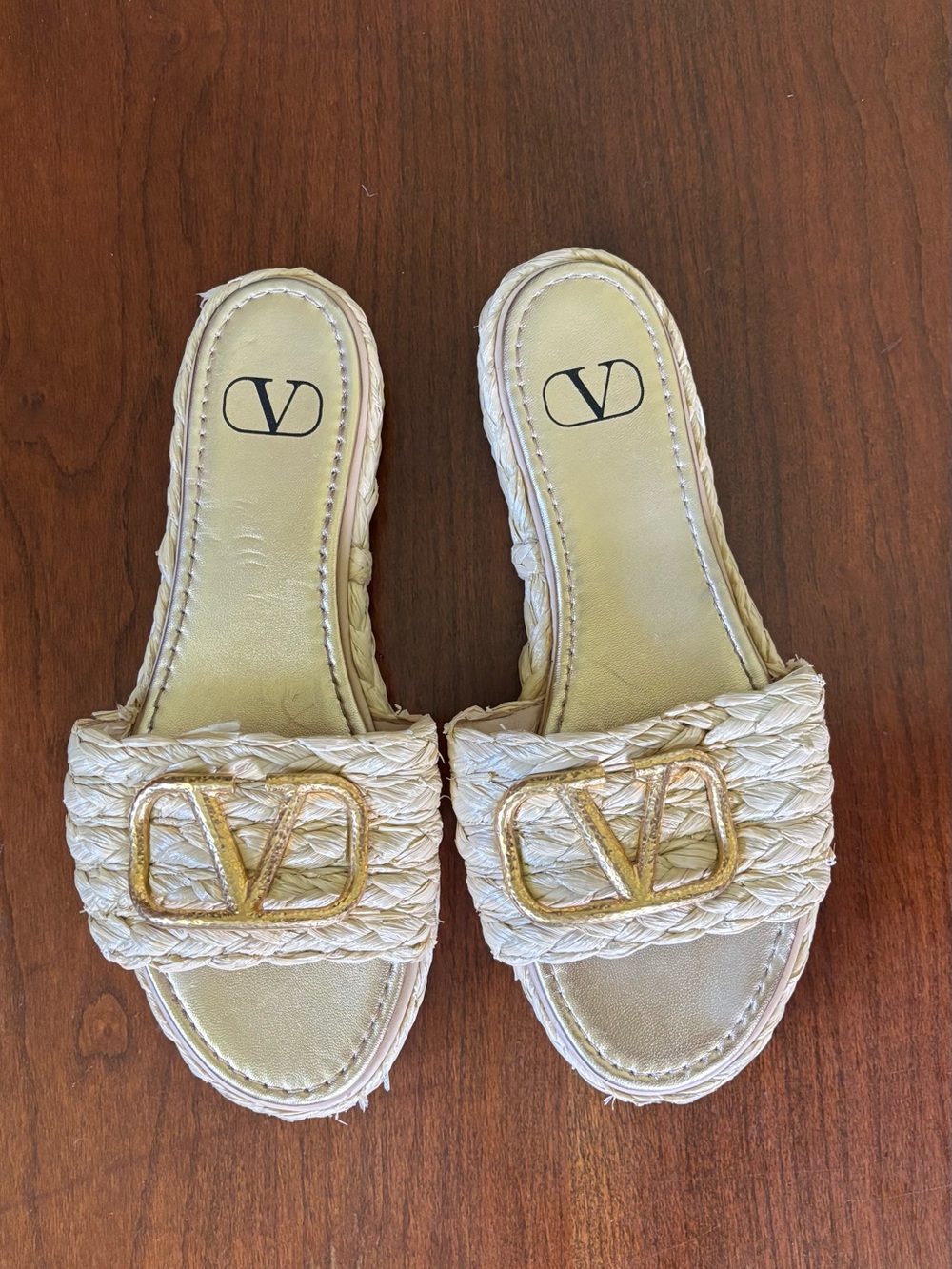 Valentino Logo Raffia Slide Sandal Women’s Tan and Gold EU 37 US 6.5
